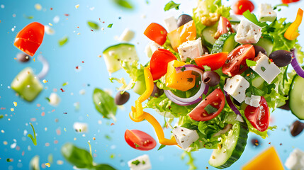 Flying Greek salad with fresh vegetables on blue background