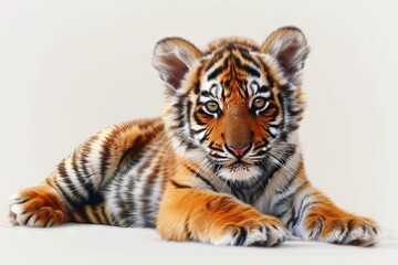 Cute baby tiger cub with orange fur and black stripes, isolated on a transparent background - obrazy, fototapety, plakaty