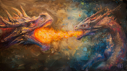 Artistic Style Painting Drawing of A Fire Dragon Blowing Fire Aspect 16:9 Artwork Wall Art