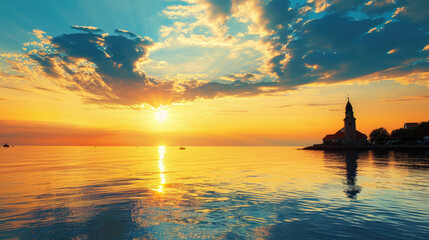 Sunrise Reverie: Church and Cross Silhouette Over Calm Sea