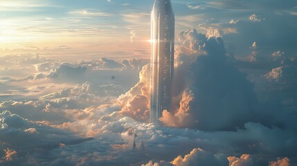 Frame a moment of architectural brilliance as a futuristic skyscraper pierces the clouds, its sleek lines and shimmering glass facade standing as a testament to human ingenuity. - obrazy, fototapety, plakaty