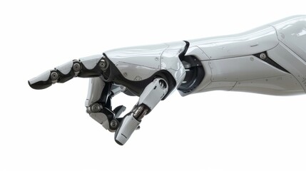 Robot hand is pointing by index finger or forefinger, gesture isolated on white background