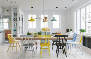 Fototapeta na wymiar A bright and airy dining room with pastel colored chairs around an oak table, complemented in the style of yellow accents like pendant lights and decor items. The floor is covered in white ceramic til
