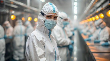 Group of scientists in protective suits and masks working at the laboratory.