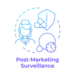 Post-marketing surveillance blue gradient concept icon. Risk management, clinical trials. Round shape line illustration. Abstract idea. Graphic design. Easy to use in infographic, article