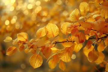 golden autumn close-up, a branch with yellowed leaves on the background of an autumn forest in the sunlight, beauty in nature