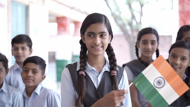 School students celebrating indian Independence day flag in hand, Republic day, patriotism, education, pride, nation india.