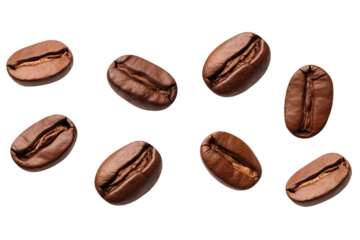 Levitation of coffee beans isolated on a transparent background.