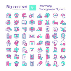 Pharmacy management system RGB color icons set. Drug manufacturing. Pharmaceutical products, pills. Isolated vector illustrations. Simple filled line drawings collection. Editable stroke