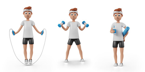 3D man jumping rope, training with dumbbells, standing with yoga mat