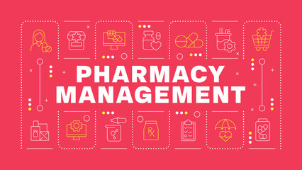 Pharmacy management red word concept. Quality control, monitoring. POS system software. Horizontal vector image. Headline text surrounded by editable outline icons. Hubot Sans font used