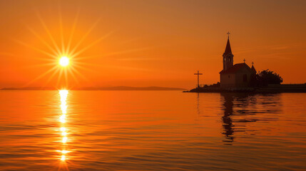 Sunrise Reverie: Church and Cross Silhouette Over Calm Sea