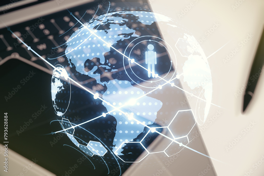 Aufkleber social network media concept with world map and modern computer on background. double exposure
