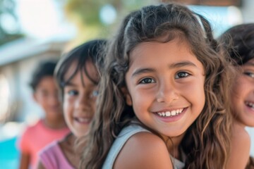 Portrait of cute little girls smiling and looking at camera in outdoor