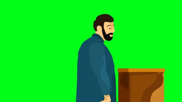 2d animated cartoon character of a fat man a beard and mustache walking from outside enters box and throws his ballot into the box. in green screen chroma key. 4K resolution.