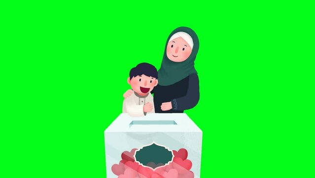 2d animated cartoon characters of a mother or a woman and a boy who have heart stickers in their hands and throw them into the box. in green screen chroma key. 4K resolution.