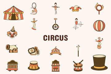Circus Lineal Color Vector Illustration Icon Sticker Set Design Materials