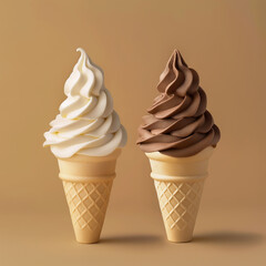 Ice cream cone vanilla chocolate on beige background