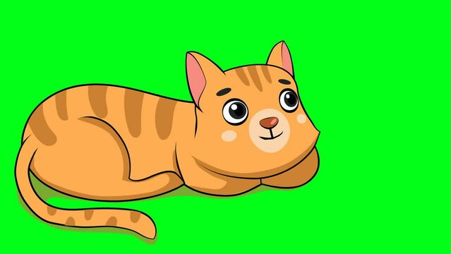 2d animated cartoon yellow cat character is lying on gound and looks up and meows with a smile. in green screen chroma key. 4K resolution.