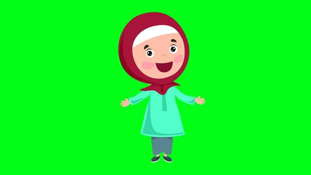 2d animated cartoon Islamic girl character with hijab and headscarf talking happily looking at us and moving. green screen chroma key. 4K resolution.