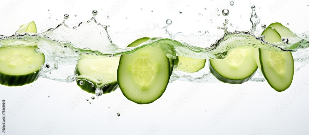 Poster cucumber slices fall into water, creating a refreshing splash