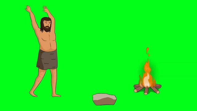 2d animated cartoon early humans or caveman character A man by the fire who lifts a stone in the air and throws it on the ground in green screen chroma key. 4K resolution.