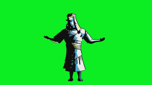 2d animated cartoon character of a violent and nervous man who raises his hands and tries hard. loop cycle in green screen chroma key. 4K resolution.
