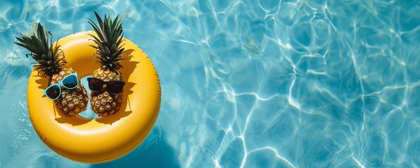 Tropical Tranquility banner with copy space. Two funny charming Pineapples Relax in the pool on an...