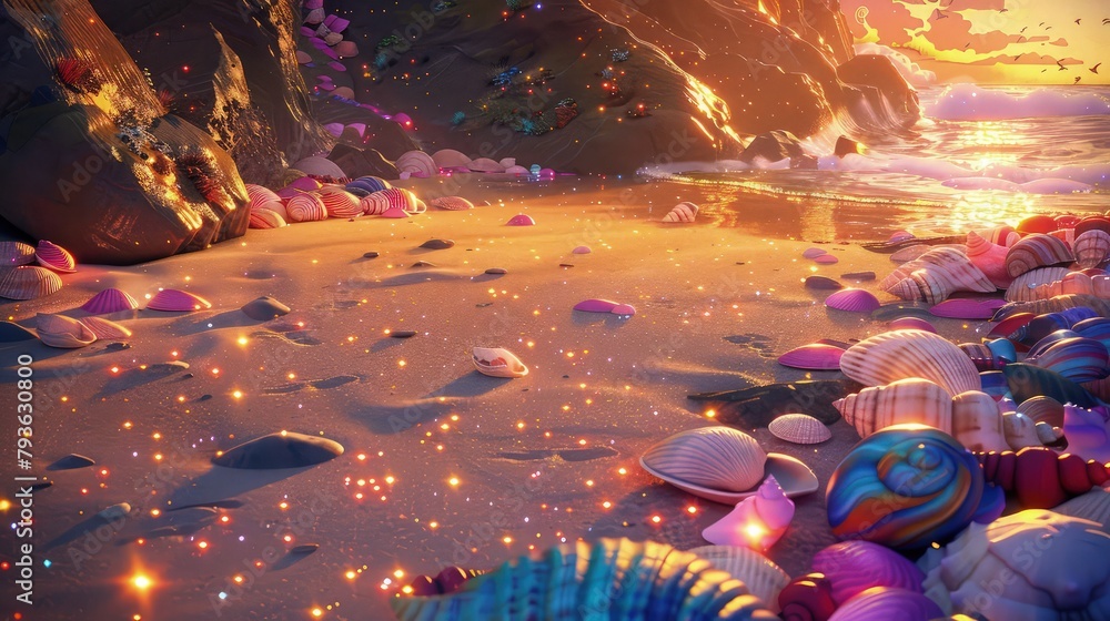 Poster sunlight filters through the translucent waves, casting a warm glow on the colorful rocks that litte