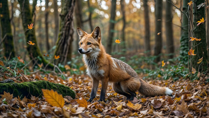 Naklejka na ściany i meble A fox stands in a forest surrounded by fallen leaves.