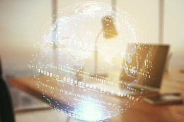 Multi exposure of abstract graphic coding sketch with world map on modern computer background, big data and networking concept