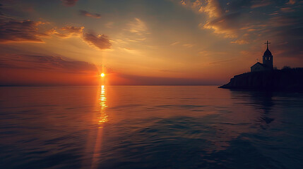 Sunrise Reverie: Church and Cross Silhouette Over Calm Sea