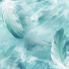Cyan feathers floating delicately on a 2D card, soft and ethereal