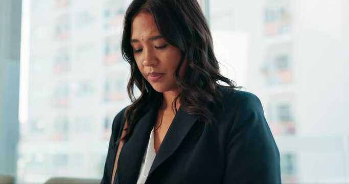 Business, waiting and nervous woman for job interview, recruitment and hiring with anxiety, panic and worry. Stressful person, agent or consultant with fear, overwhelmed for HR meeting or opportunity