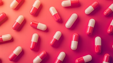 a collection of pills on a gradient red background, conveying warmth and intensity. Full ultra HD, high resolution.