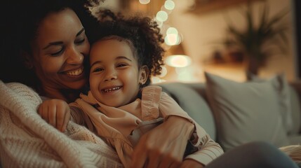 Delighted mother tickles her daughter and smiles as she enjoys spending time together at home - obrazy, fototapety, plakaty