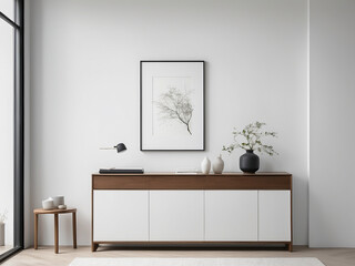 Simplicity Embodied, The Elegance of Minimalism in an Empty Room with a Wooden Display Cabinet