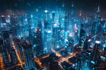 Futuristic cityscape with AI-controlled transportation and infrastructure