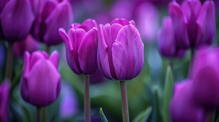 Fototapeta premium Vivid purple tulips in close up during the spring season