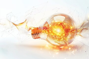 A glowing light bulb is surrounded by a blurry, abstract background. Concept of energy and excitement, as if the light bulb is bursting with ideas and creativity