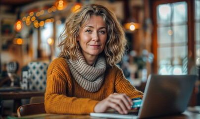 portrait of a middle aged woman with laptop and a credit card making online order, online shopping purchasing with card  - obrazy, fototapety, plakaty