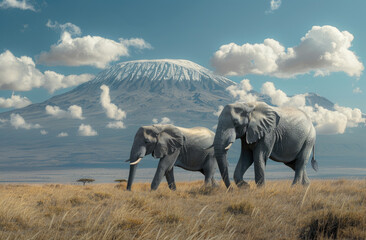 Two elephants walk through the savannah with Mount Kilimanjaro in the background, creating an...