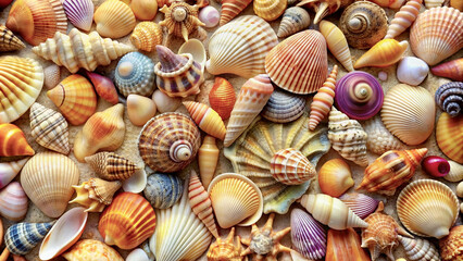 Assorted seashells on the sand 
