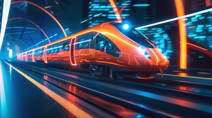 Orange futuristic train running at high speed