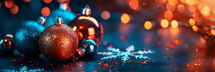 Colorful christmas toys and snowflakes greeting card template with festive light background