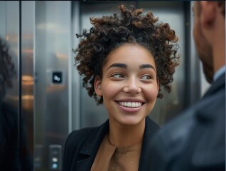 Stunning high resolution photos of a smiling multi-ethnic girl with unique eyes exiting an elevator with a colleague discussing work issues. Business