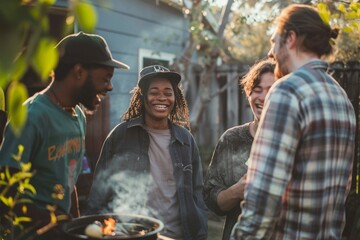 A group of friends having a barbecue and laughing together in a backyard