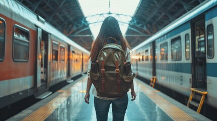 Rear view of young woman holding backpack walking between trains on train station - obrazy, fototapety, plakaty