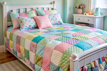 Bed covered with patchwork quilt in children's bedroom