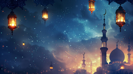 A beautiful night sky with a full moon and a few lanterns hanging from the trees. The lanterns are lit up, creating a warm and inviting atmosphere. Concept of tranquility and peacefulness